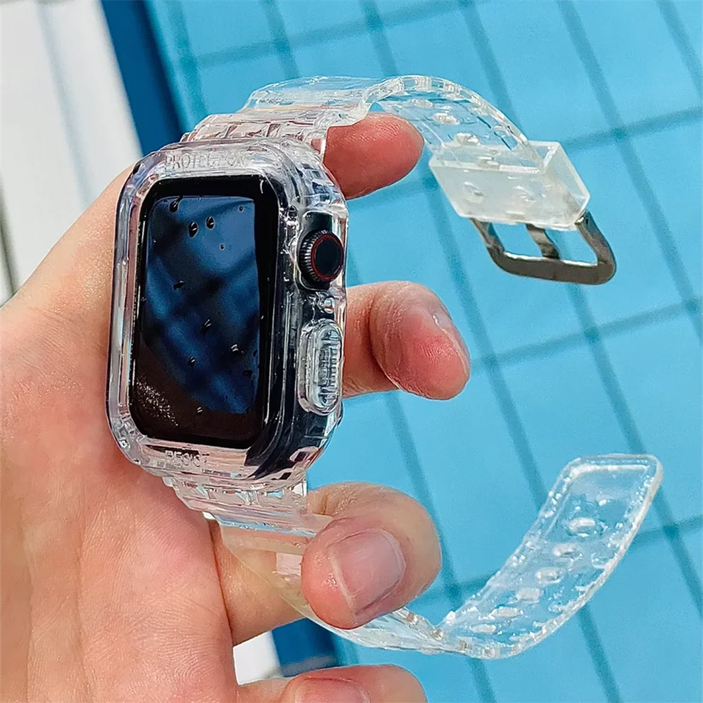 INS 2-in-1 Glacier Soft Clear Band+Case  For Apple Watch 45mm 41 40 44 42 38mm Lovely Summer Sports Strap For Series 9 8 7 6 5