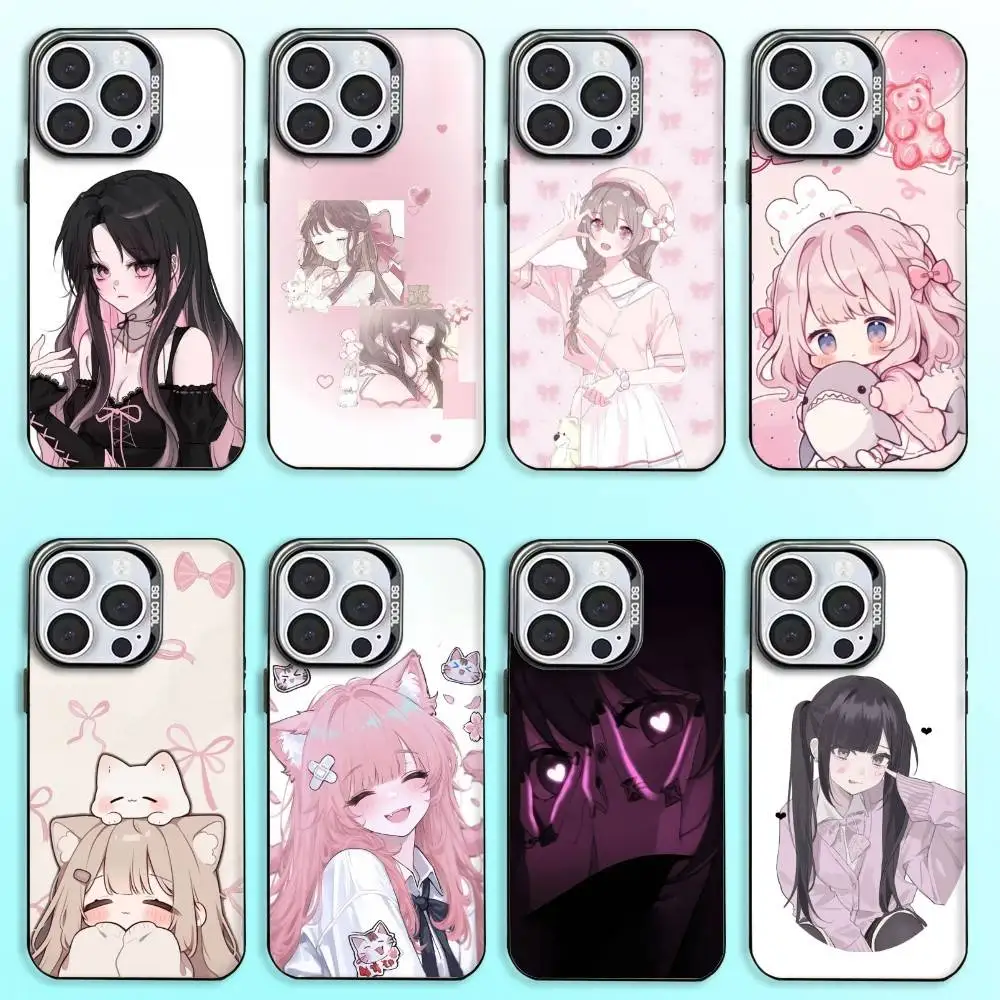 

Beauty Pink Gir Art Phone Case For iPhone17,16,15,14,13,12,11 Plus,Pro Max Colored Silver Plated Inside Cover
