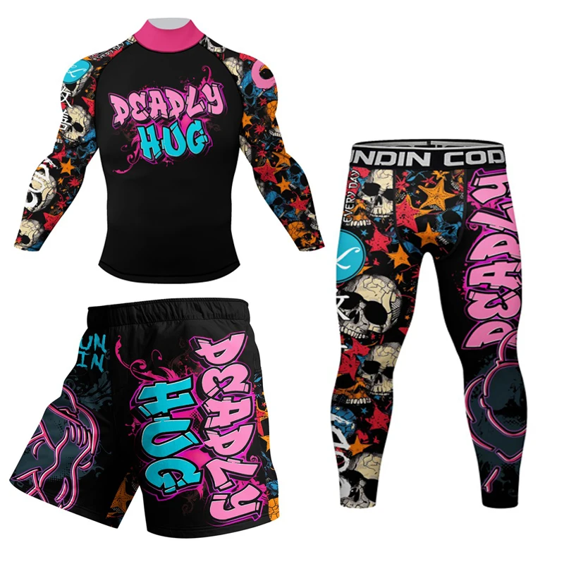 Nowa koszulka kompresyjna MMA z czaszką + zestaw spodenek Bjj Rash Guards Jiu Jitsu koszule Muay Thai trening boks odzież garnitur