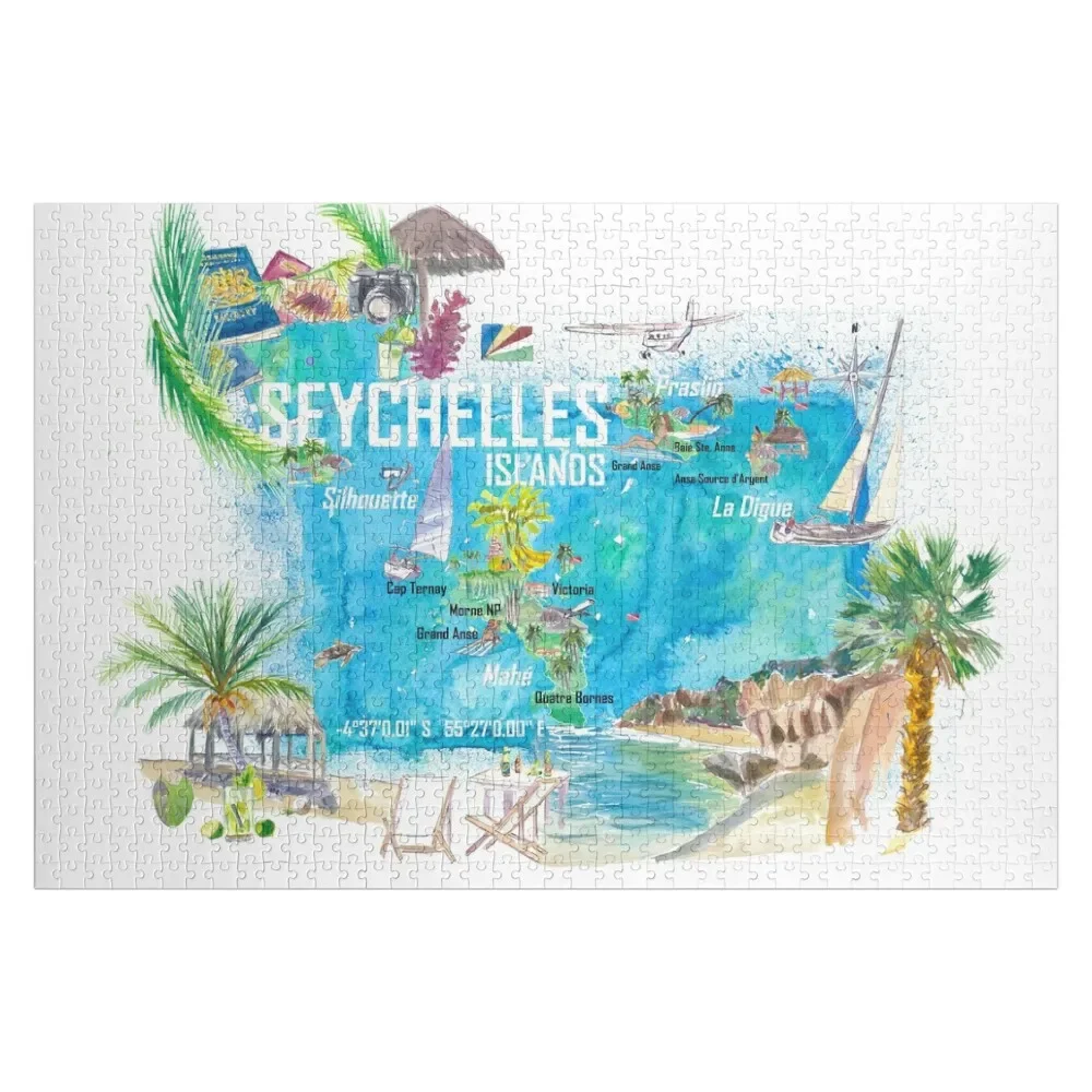 

Seychelles Islands Illustrated Travel Map with Tourist Highlights Jigsaw Puzzle Customized Photo Wood Adults Puzzle