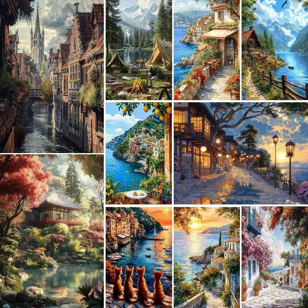 

Diy Oil Painting By Numbers Seaside Town Picture With Paint Coloring By Number On Canvas For Living Room Home Decor Landscape