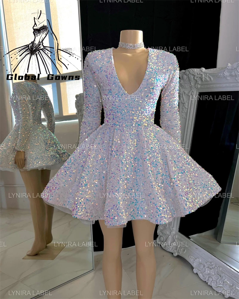 Sexy White Short Prom Dresses  For Black Girls V Neck Sparkly Sequins Party Dress Mini Cocktail Homecoming Gowns Customized