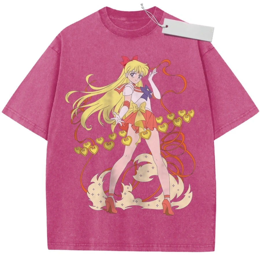 2026 Sommer Herren Rosa Washed T-Shirt Sailor Moon Aino Minako Herzband Hochwertiger Stoff für Freizeit und Shopping