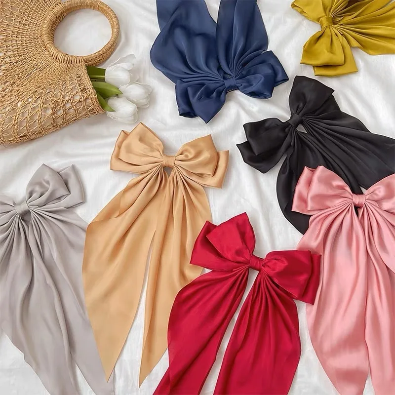 Fashion Two-layers Bowknot Streamer Hairpin Woman Girl Satin Ribbon Barrette Bow Back Head Spring Clip Headwear Hair Accessories