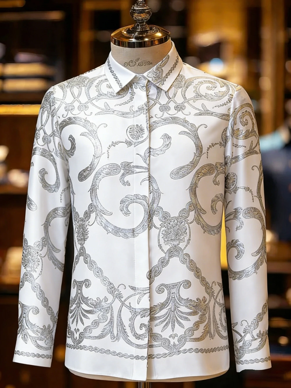 Men White Silver Baroque Scroll Floral Damask Print Long Sleeve Shirt Turn Down Collar Formal Wedding Party Daily Tops