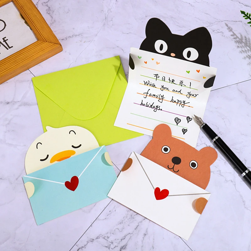 1/9pcs Cartoon Gift Card Folded Envelope Greeting Card Holiday Wishes Postcards Animals Birthday Cards For Students Party