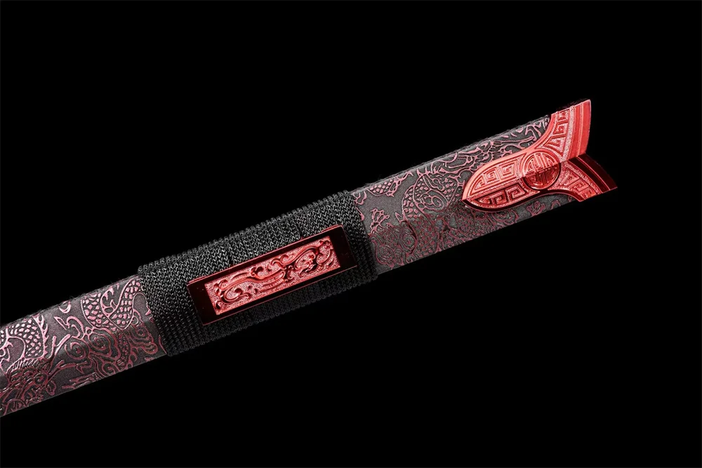 Beautiful Chinese Tradition Sword Kungfu Han-Jian Red High Manganese Steel Blade Leather Wrap Wood Sheath Full Tang - view 6