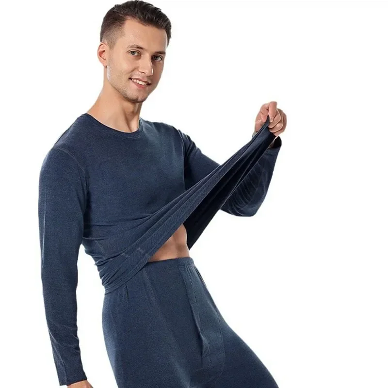 2025 Autumn Winter Thermal Underwear Men Traceless Keep Warm Underwear Long Johns Men's Elastic O-Neck Top Pants Two-Piece Set