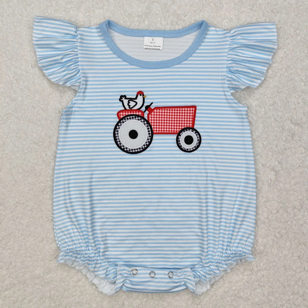 Venta al por mayor, pelele de pollo con Tractor a rayas para recién nacidos, pelele de manga corta para niñas, mono bordado infantil, ropa