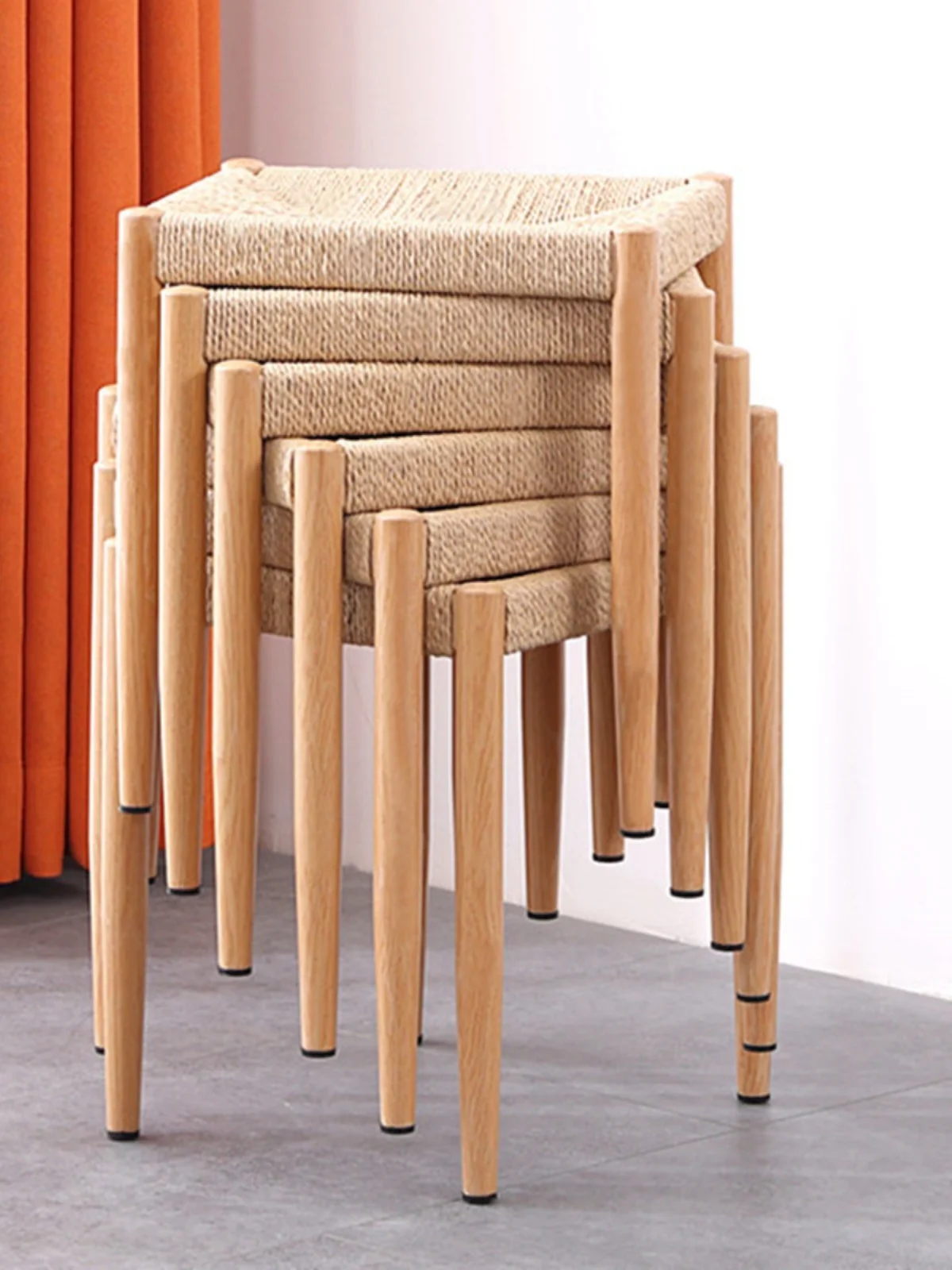 Hand-woven imitation rattan high square iron stool household adult creative simple rope woven imitation straw dining chair