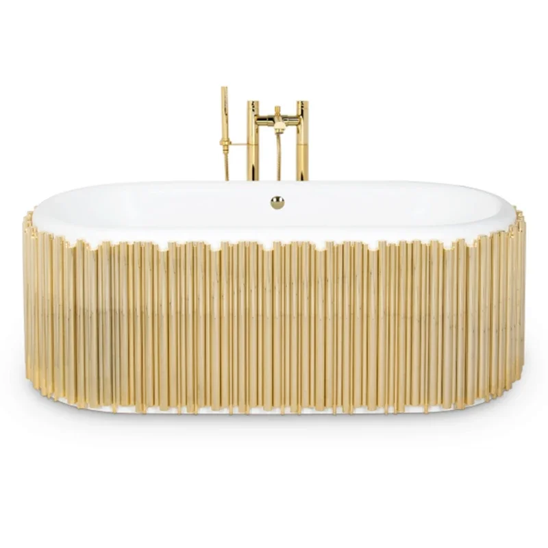 Italian light luxury gold vertical stripe oval stainless steel bathtub household adult independent high-end bath tank