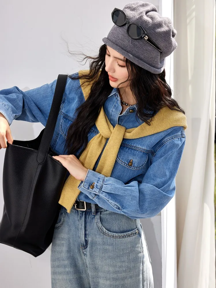 French Blue Denim Shirt For Women, 2024 Autumn And Winter New Item, Versatile And Loose Casual Top With A Collar