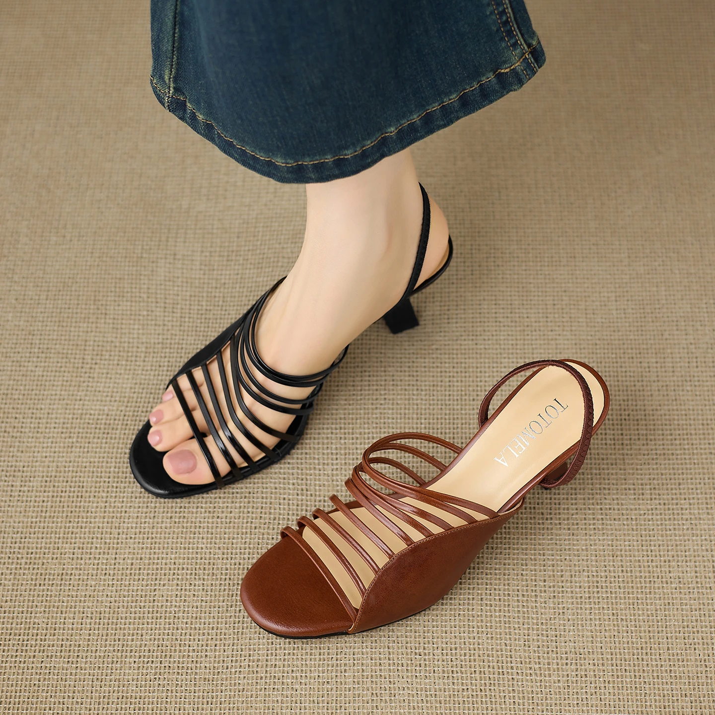 2026 new summer women sandals natural leather 22-25cm cowhide+pu+pigskin+sheepskin strap back-loop high heel women shoes fashion
