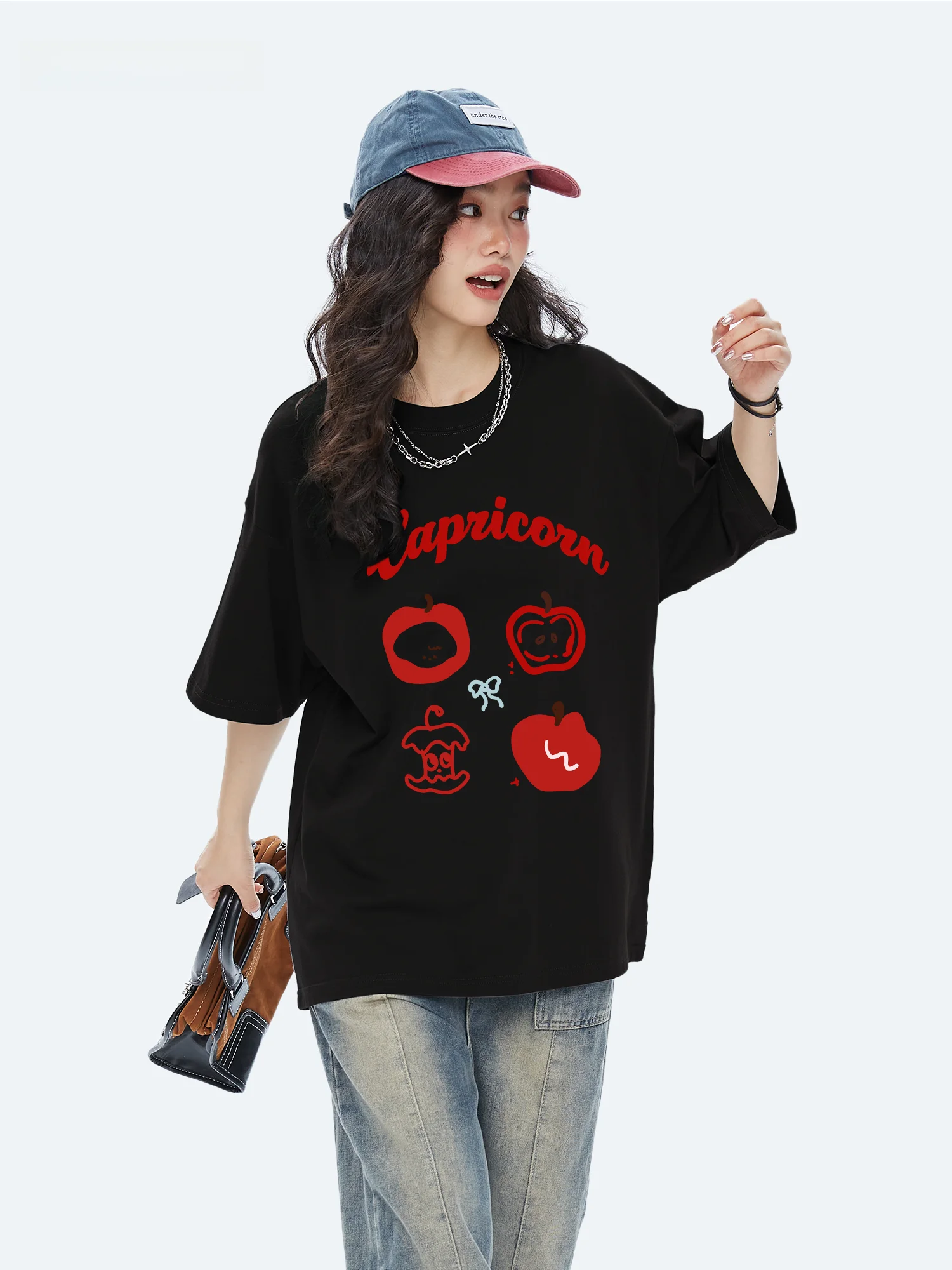 Capricorn American  Letter Pure Cotton White Short Sleeve Women's T-shirt Summer New Style Casual Loose Fit round Neck