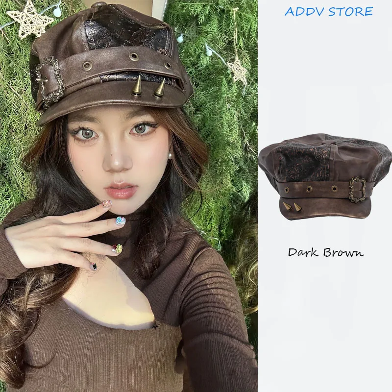 Y2K Steampunk PU Leather Military Hat Punk Retro Old Rivet Casquette Cap Peaked Octagonal Caps for Men Women Gorras Para Mujer