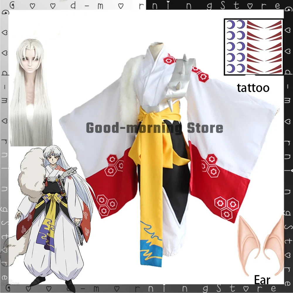 

Anime InuYasha Sesshomaru Cosplay Costume Ear +Silver Wig sJapanese Kimono For women men And Adult Costume Halloween Party