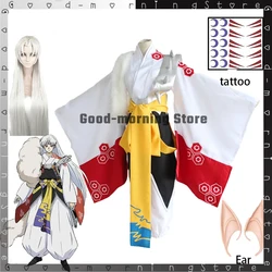 Anime InuYasha Sesshomaru Cosplay Costume Ear +Silver Wig sJapanese Kimono For women men And Adult Costume Halloween Party