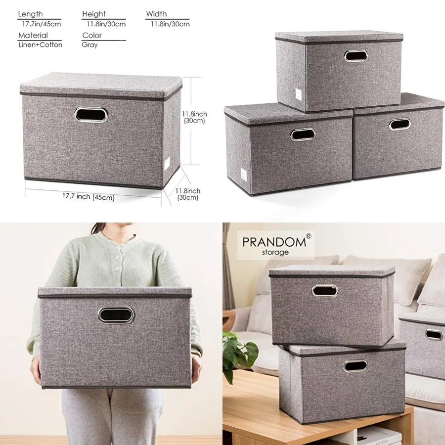 

Large Collapsible Storage Bins with Lids [3-Pack] Linen/Cotton Blend Foldable Storage Boxes Organizer Containers Baskets Cube w