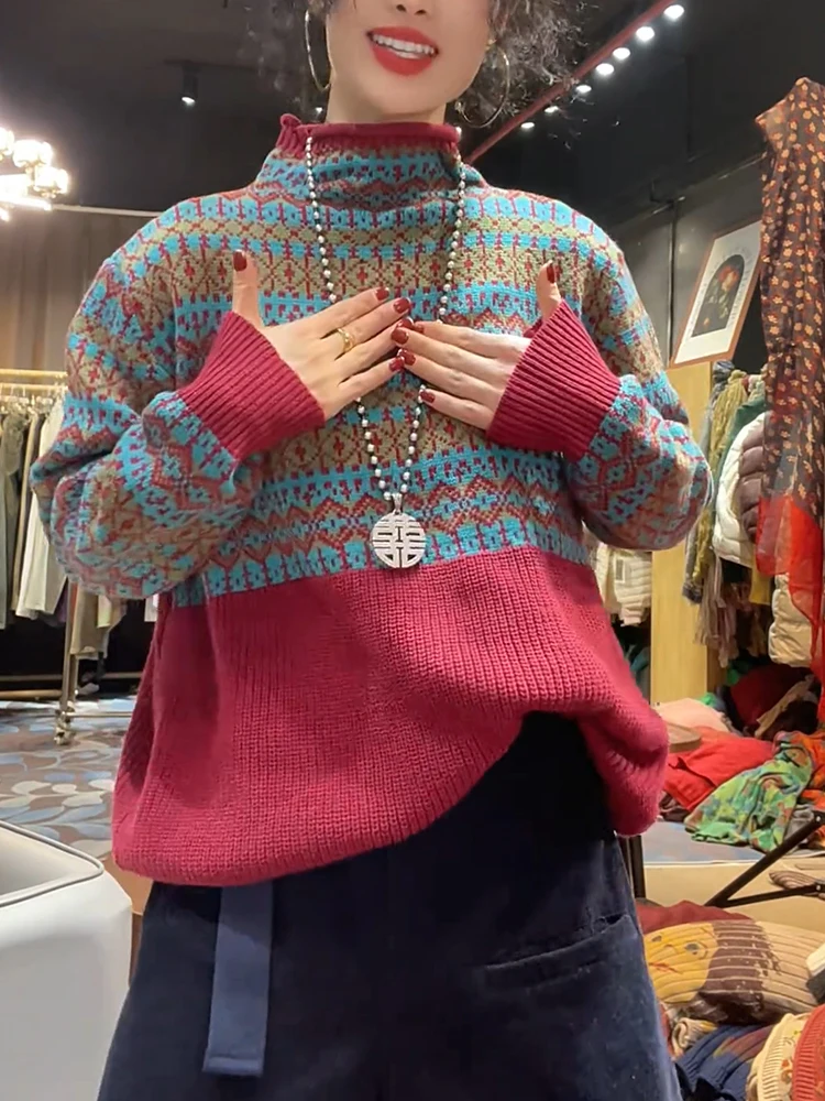 

Корейский повседневный вязаный свитер в этническом стиле с цветочным узором, большие размеры, весенний базовый слой, модный толстый мм