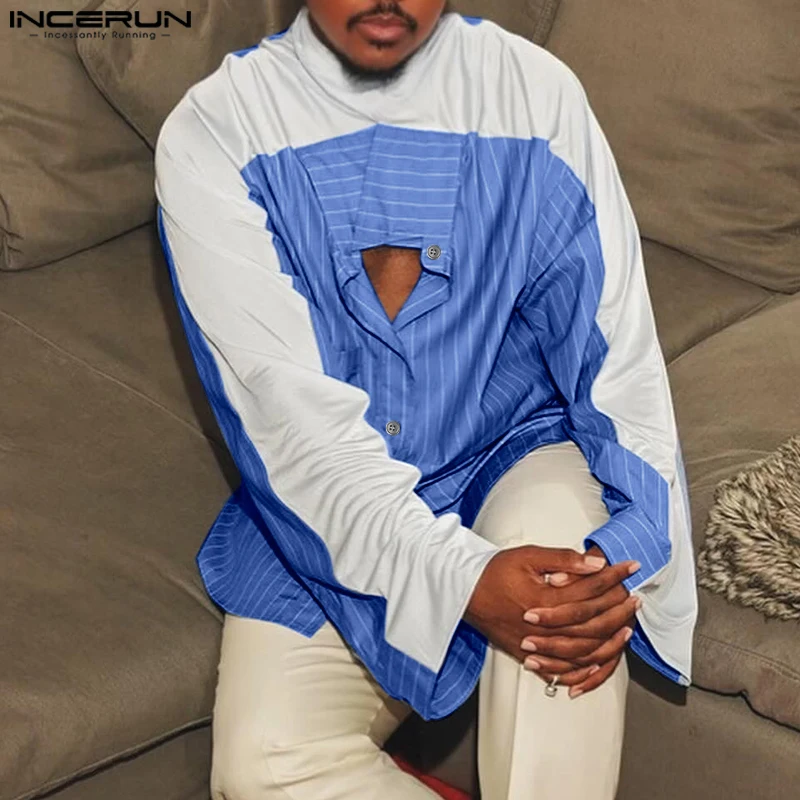 

INCERUN рубашки с длинным рукавом мужские свободные лоскутные уличные модные мужские рубашки осень-весна повседневные мужские рубашки Camisas 2025