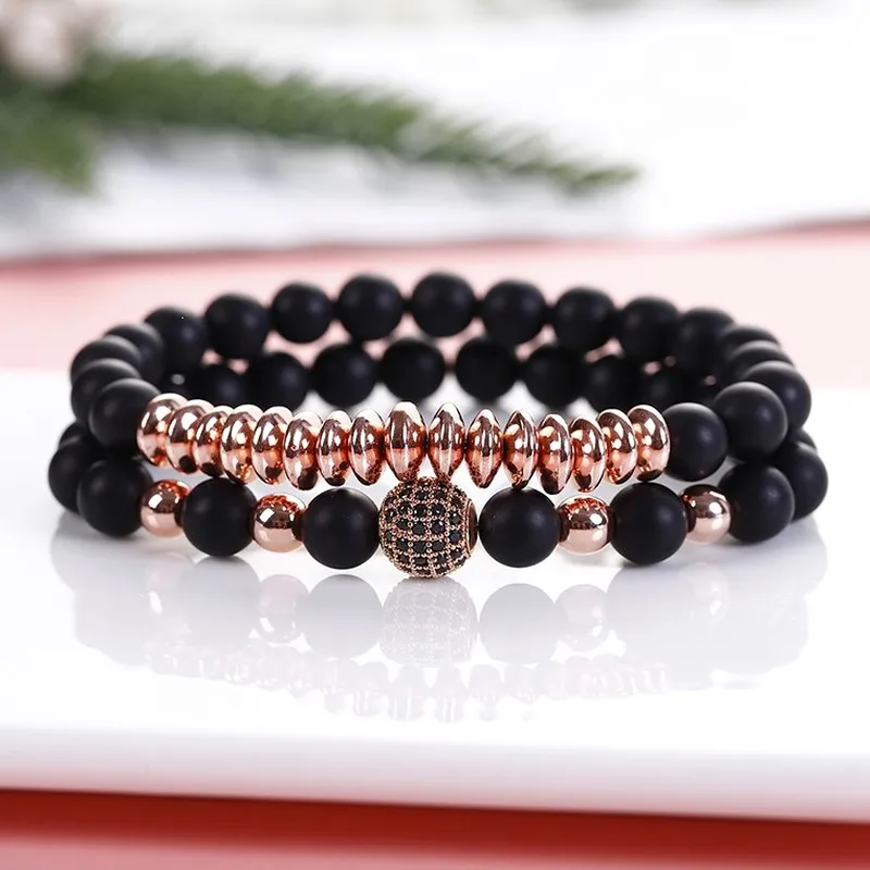 8mm Black Gallstone Beaded Bracelet Set with Micro-Set Zircon, Elastic Cord, Copper Jewelry, Versatile Gift for Women Men
