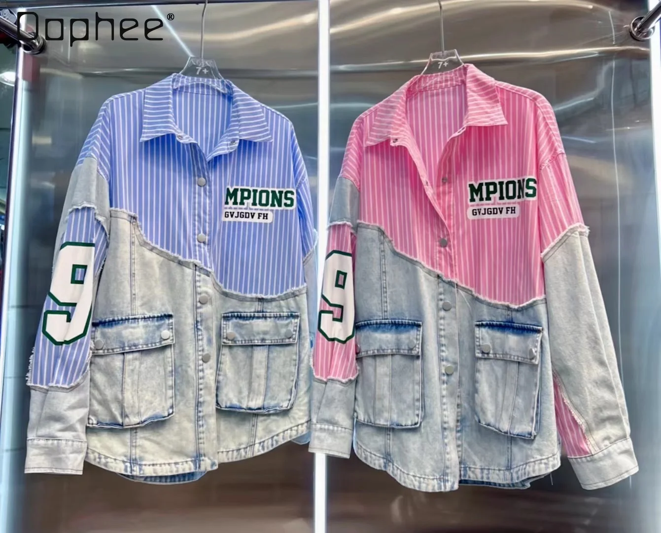

2025 Autumn New Denim Patchwork Striped Shirt Top for Women Loose Long Sleeve Fashionable Pocket Jacket 2025 New Pink Shirts