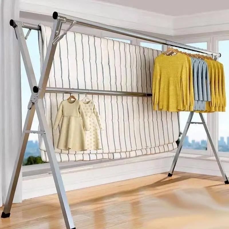 

Stainl Steel Clothesline Stand Floor Mounted Dual Rod Blanket Drng Ra Balcony Hanging Clothesline Storage Organizer