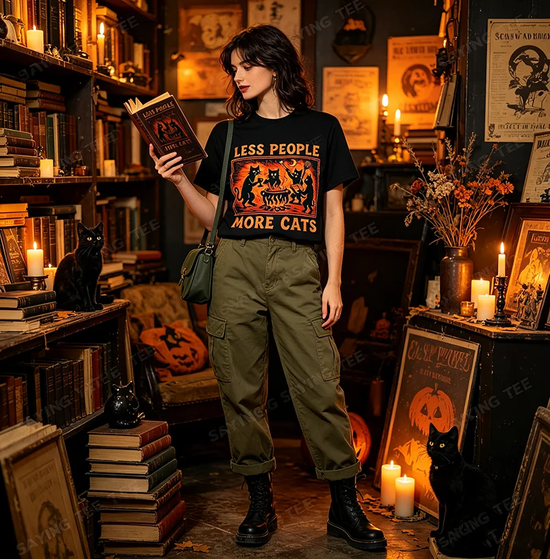 Vintage Less People More Cats T-Shirt Y2k Horror Lustige Introvert-Katzen-Bekleidung Humor Einzigartige Gothic Mystical Witchcraft T-Shirt-Kleidung – Detail 3