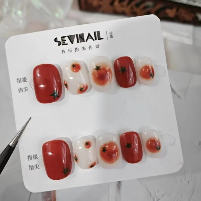 Jelly tomato peach manicure, kawaii press-on nails, handmade short nail press-on, reusable wearable nails, cute nails