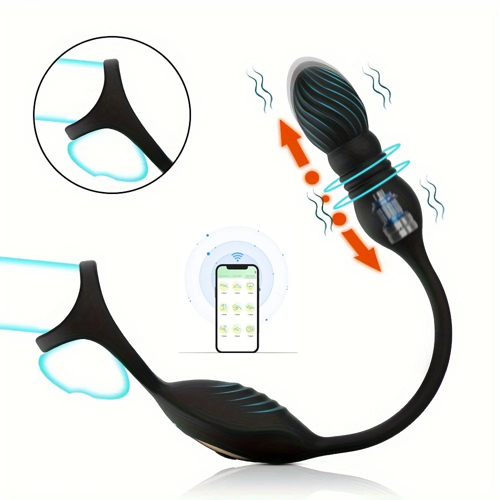 Thrusting Prostate Massager with Penis Ring, Vibrating Butt Plugs with Cock Rings,App Control, Telescopic Design 3 In 1 Sex Toys