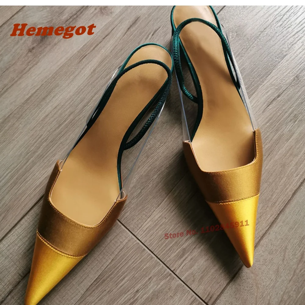 

Pointed Toe Satin Slingback Pumps Mixed Color Patchwork Women's Sandals Summer Chunky Heels Mid Air Newest 2024 Party Shoes Sexy