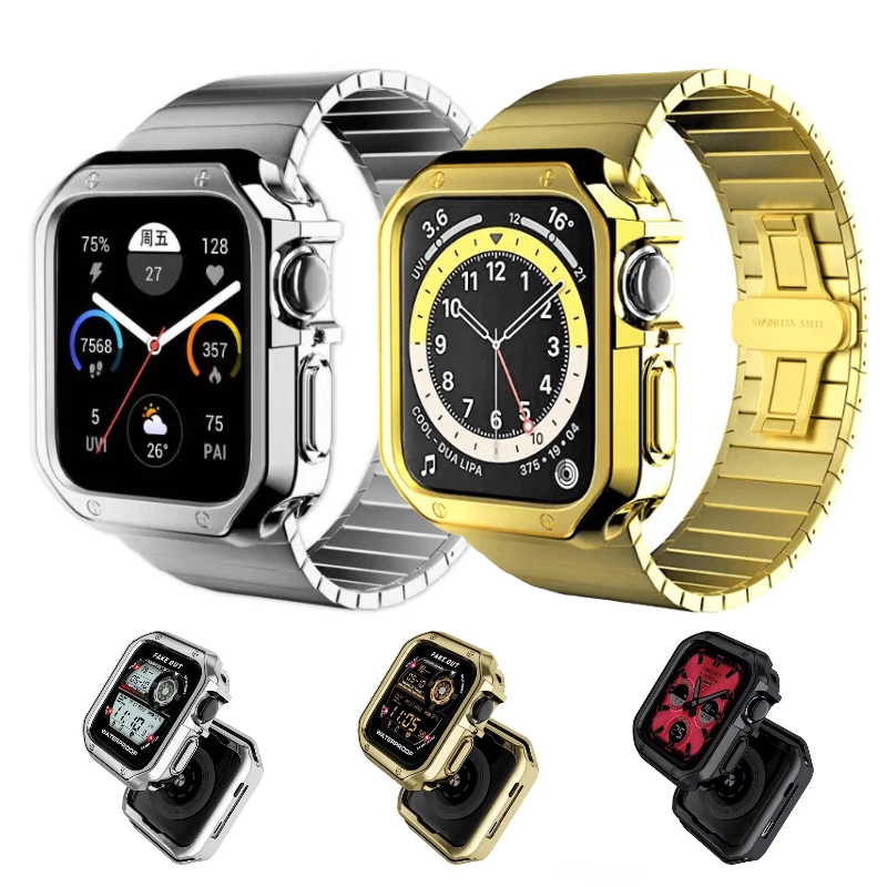 

Metal Strap Silicone Case For Apple watch 9 8 7 45mm 41mm 6 5 SE 44mm 40mm High-end smart watch wristband For iwatch 3 42mm 38mm