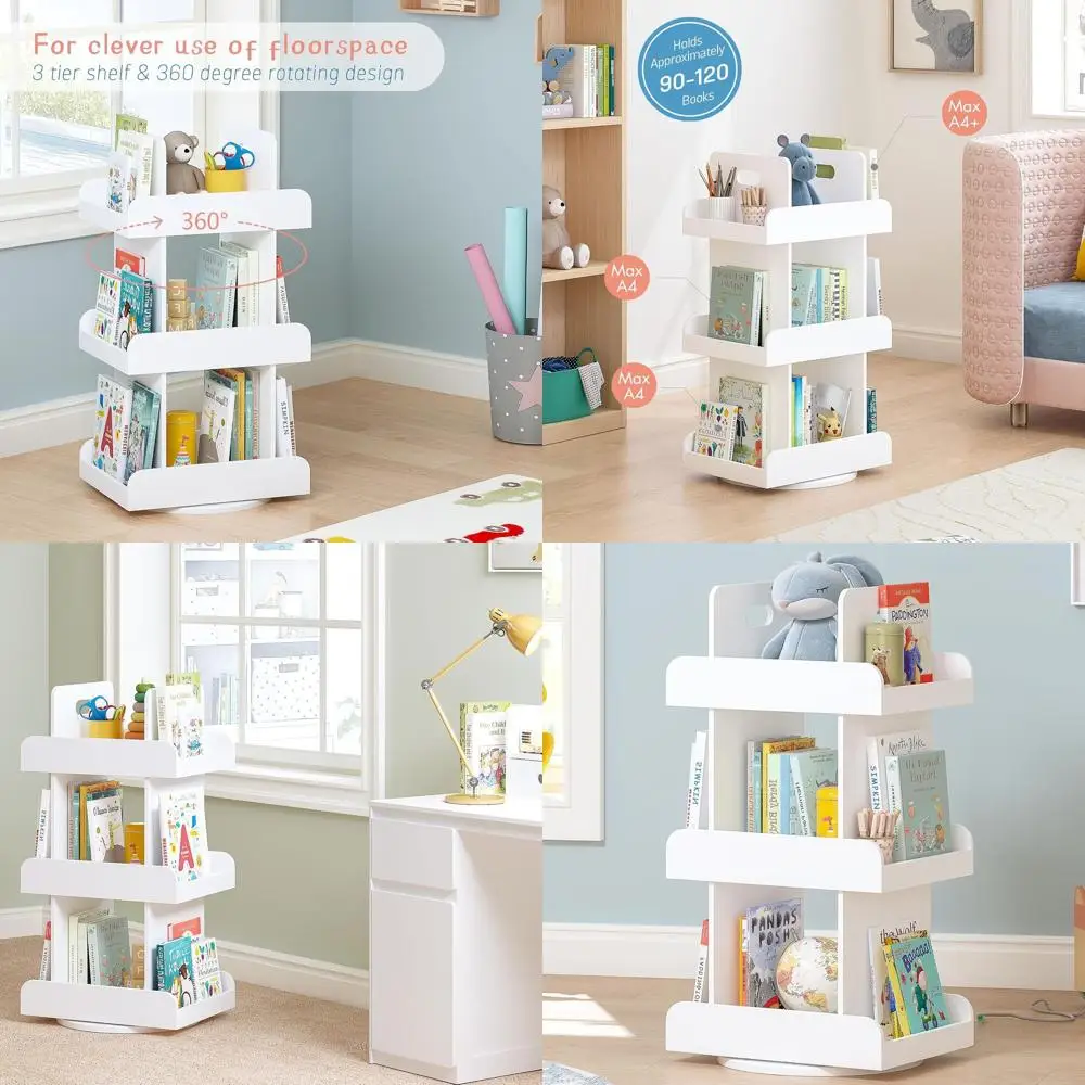 3-Tier White Rotating Bookshelf, Lazy Susan Style, 360° Vertical Display Organizer