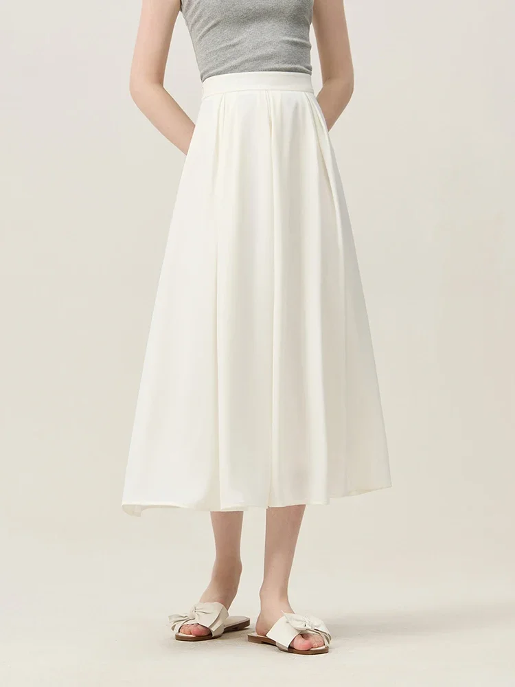 

French White A-line Skirt For Women's Summer 2024 New Temperament Umbrella Skirt High Waisted Satin Long Skirt 24FS12238
