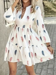 Mugen-vestido con estampado de plumas de talla grande para mujer, ropa informal con cuello en V, manga larga, primavera y otoño, 2024