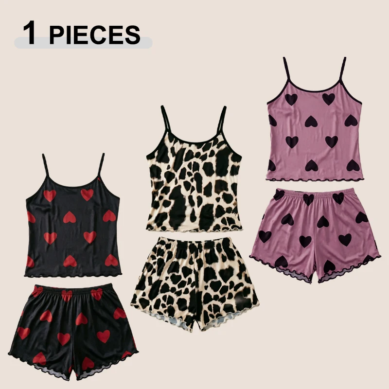 2 Pieces Summer Casual Heart Leopard Print Pajamas Sets Women's Hot Sale Sleeveless Vest And Shorts Female Breathable Sleepwear