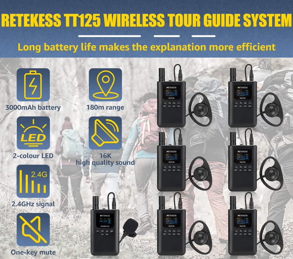Retekess tt125 Drahtloses Tour Guide Headset System, Audio-Dolmetschersystem, Drahtloses Audiosystem, Flüster Tour Guide System, Kirchendolmetschersystem für Führungen, Bildungs- und Schulungssystem für Werksbesuche – Detail 1
