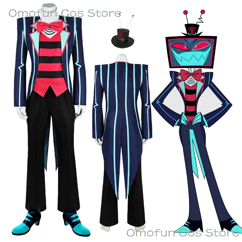 

Hazbin2 Vox Cosplay Navy Outfit Suit Clothes TV Demon Blue Tuxedo Tailcoat Costume Vox Hat Anime 3V Vees VVV Halloween Tv Demon