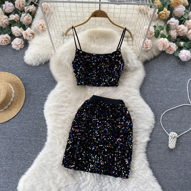 

Sexy Sequin Two Pieces Sets Chic Off Shoulder Slip Crop Top with High Waist Mini Skirt Vacation Sets