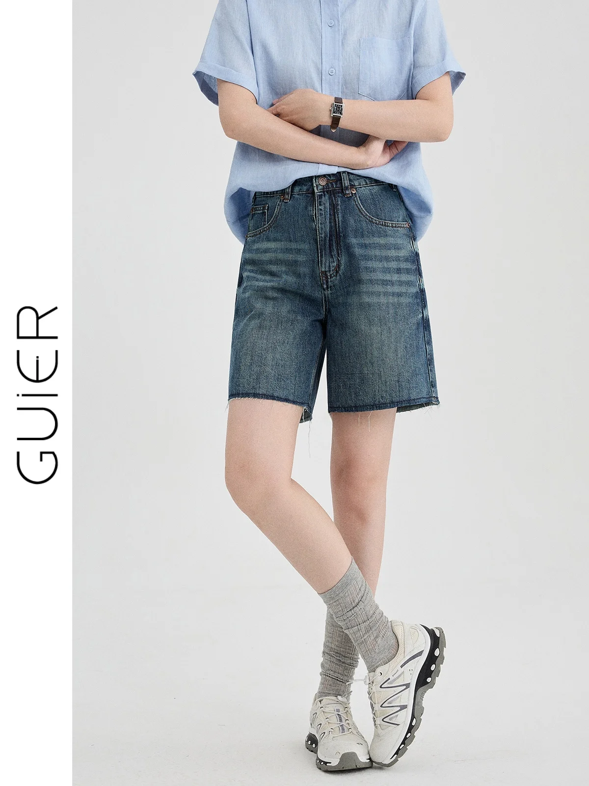 

High Waist Wide Leg Straight Jeans Women's Summer New Vintage Slimming Shorts Guier Brand Pure Color Zipper Fly