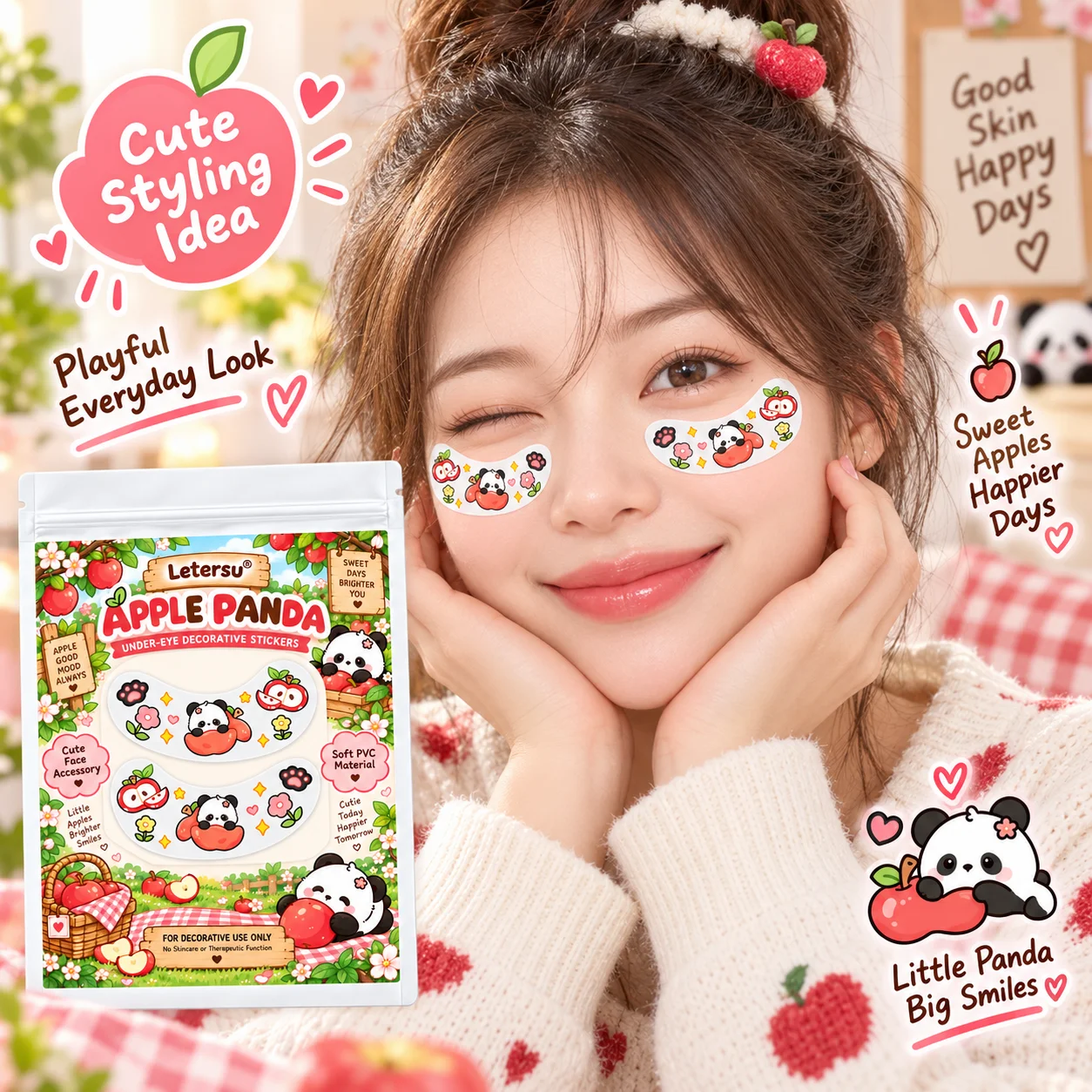 4PCS Cute Panda Under Eye Stickers, Kawaii Apple Cartoon Eye Patches, Face Makeup Accessories for Girls, Party Cosplay Photos