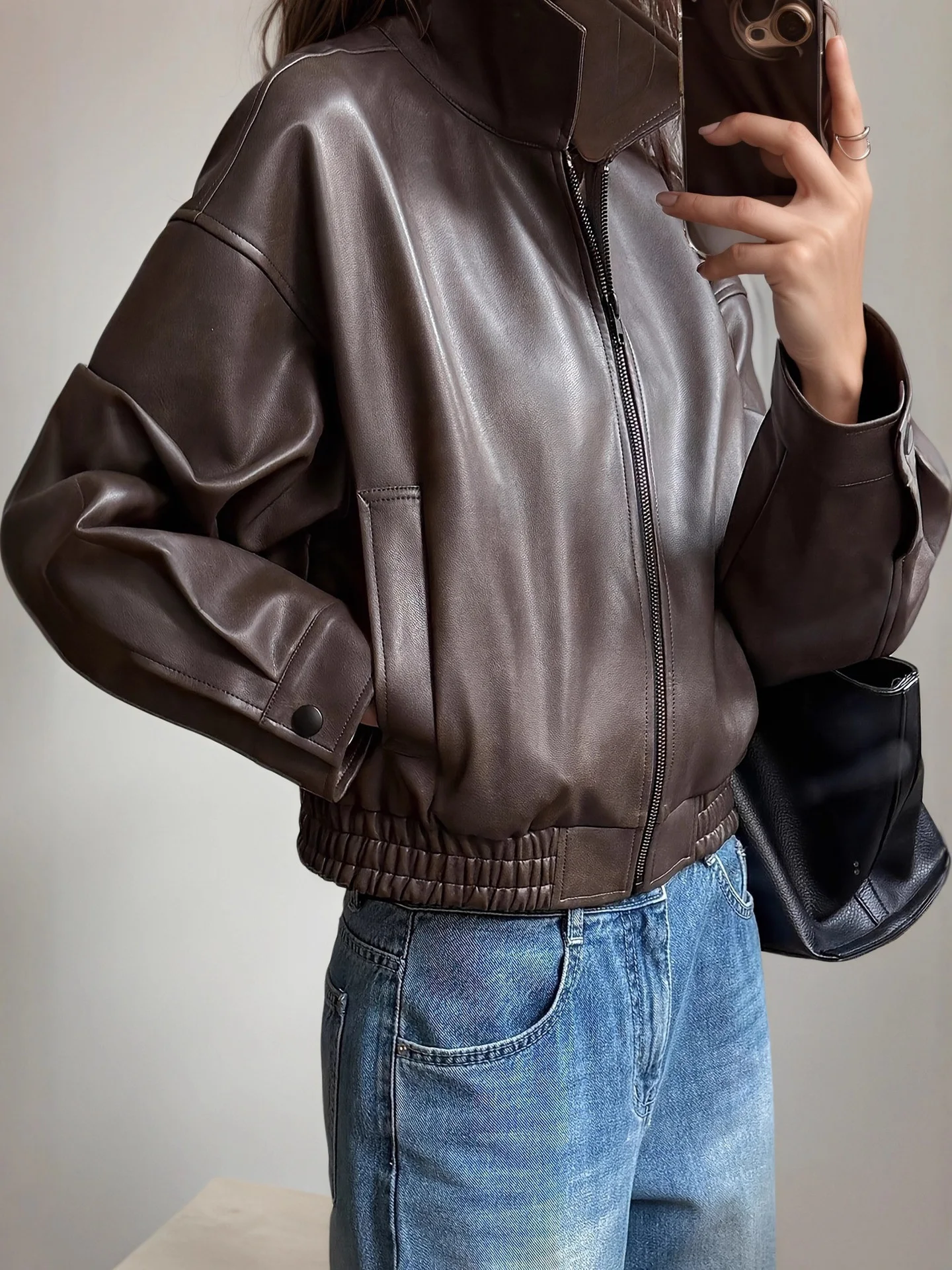 سترة ريترو Sle للسيدات من جلد البولي يوريثان سترة طويلة لراكبي الدراجات النارية أوائل الخريف ملابس خارجية مميزة للسيدات