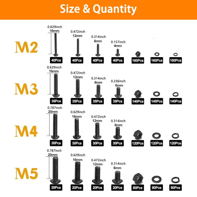 2000 ชิ้น M2-M5 Hex หัวปุ่มสกรูชุดเมตริก Bolts Nuts ล็อคแบนเครื่องซักผ้า, 10.9 โลหะผสมเหล็ก Fastener ชุดกล่อง