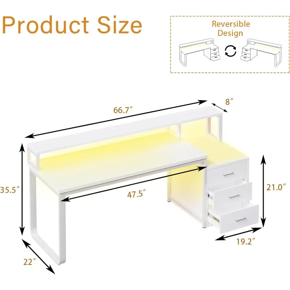 Desk with 3 Drawers and Storage, Reversible White Office  Computer Desk with Monitor Stand, Home Office Desk with LED Strips