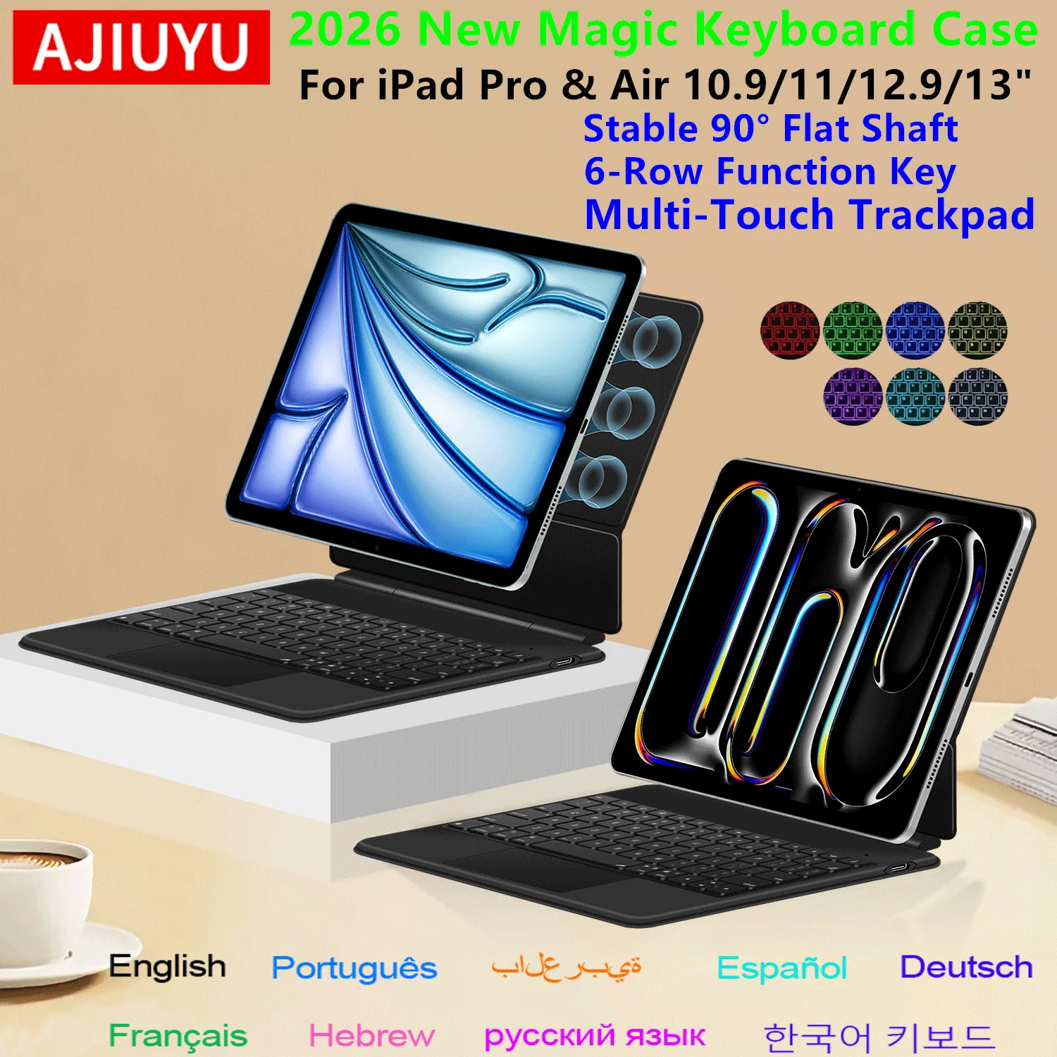 AJIUYU Flat Shaft Magic Keyboard for iPad Pro 11 Air 11 M4/M3/M2 Pro 12.9 Pro 13 iPad A16 A19 10th Gen Case Multi-Touch Trackpad