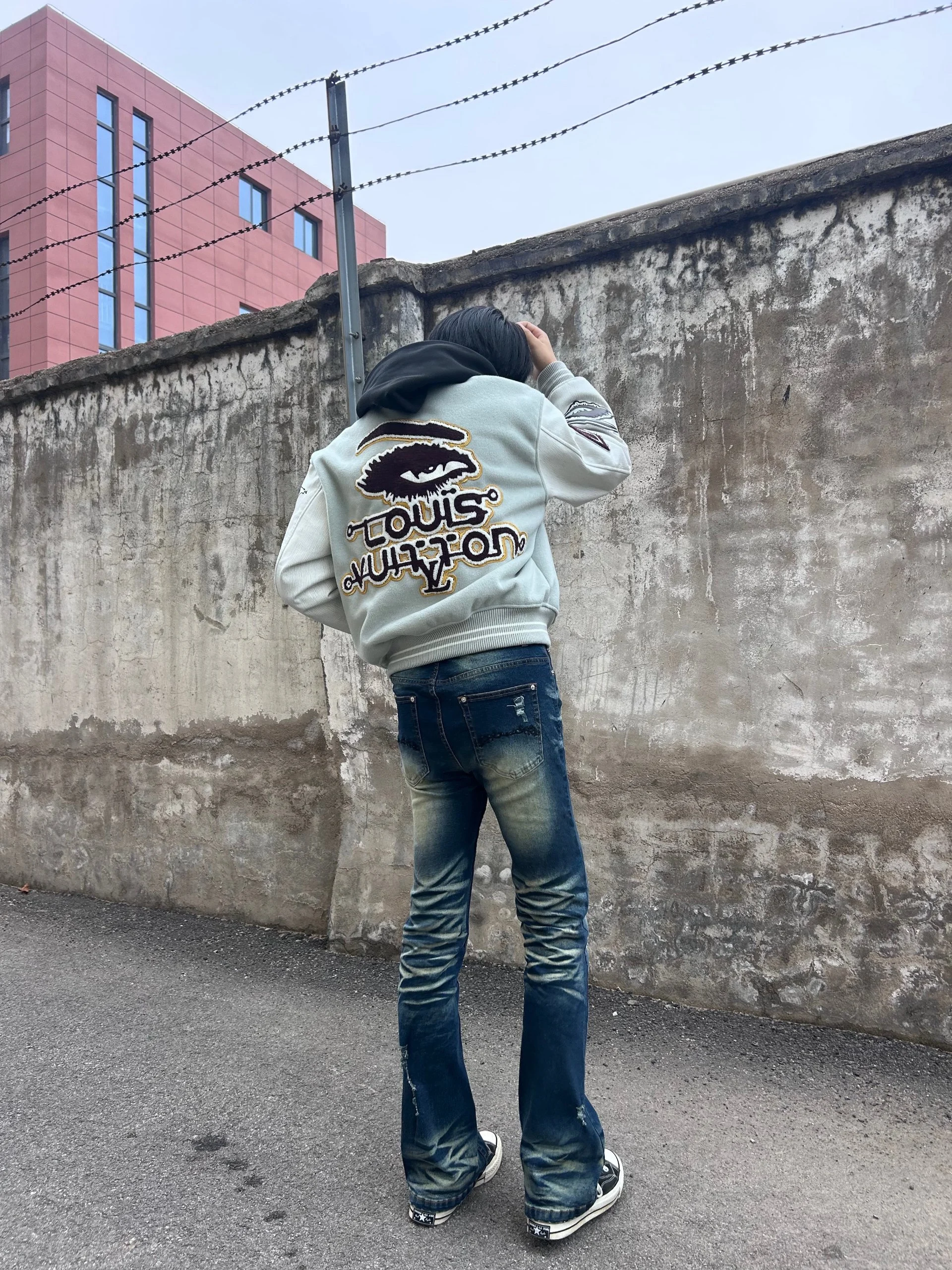 

Retro American Vintage Waed Men's Jeans Elastic Micro Flared Hole Punch Casual Straight Leg Blue Jeans Youth ular Sle