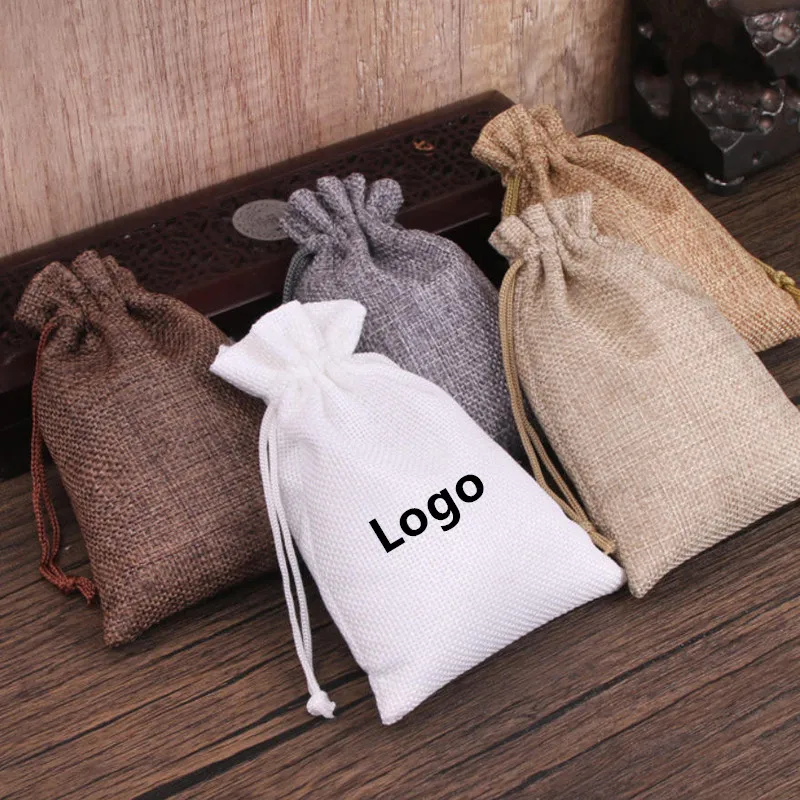 

50pcs/lot 15*20cm Burlap Jute Linen Bags Drawstring Gift Pouches For Wedding Christmas Gift Packaging Bags Customize Logo