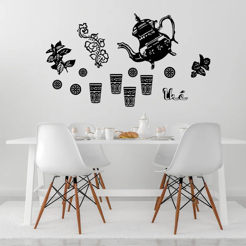 Teapot, Teacup, Tea Leaves,Tea Set Wall Sticker Vinyl Home Decor Kitchen Teahouse,Hotel, Restaurant Decals Removable Murals D589