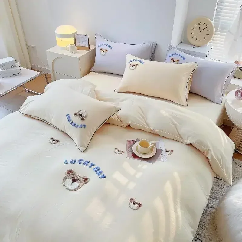 Cute Bear Embroidery Bedding Set Lovely Cartoon Sheep Single Double Duvet Cover Set Soft Skin Friendly Quilt Cover Pillowcase