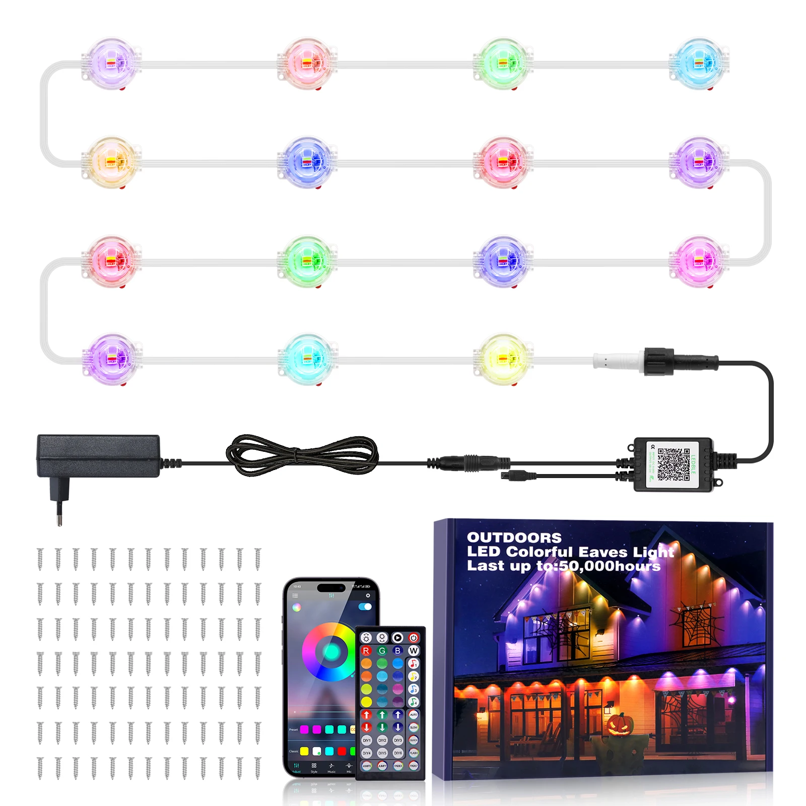 Luces de alero RGBCCT de 15M, 30M, 60M, 90M, con Control por aplicación Bluetooth, modos de escena DIY remotos de 44 teclas, iluminación exterior impermeable IP67